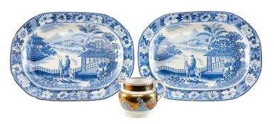 TWO RARE STAFFORDSHIRE BLUE & WHITE MEAT PLATTERS 'Departing Traveller' pattern, 52 x 38 cms,