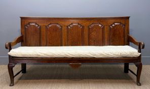 18TH C. OAK SETTLE, five fielded panels, slatted seat with cushion over, 98 (h) x 190 (w) x 75cms (