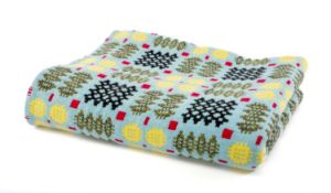 VINTAGE TRADITIONAL WELSH WOOLEN BLANKET with pale blue, pink and yellow geometric design, no