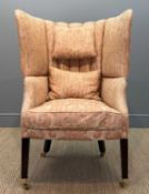 GEORGE III STYLE BARREL BACK ARMCHAIR, reeded tub back, striped damask style cloth upholstery,