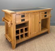 LARGE SOLID OAK KITCHEN ISLAND WITH BLACK GRANITE TOP, top with knife storage slots, wine rack, deep