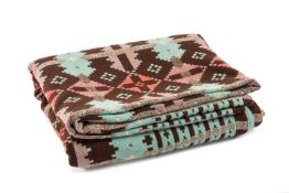 VINTAGE TRADITIONAL WELSH WOOLEN BLANKET with green, brown and red geometric design, no fringe,