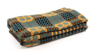 VINTAGE TRADITIONAL WELSH WOOLEN BLANKET with blue, black and orange geometric design, no fringe,