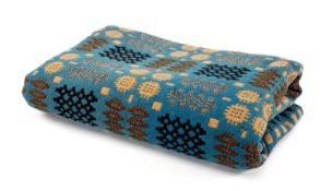 VINTAGE TRADITIONAL WELSH WOOLEN BLANKET with blue, orange and black geometric design, no fringe,