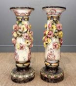 PAIR ITALIAN POTTERY PEDESTALS, as classical columns encrusted with flowers, painted, 91 (h) x 32cms