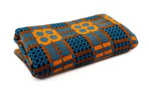 VINTAGE TRADITIONAL WELSH WOOLEN BLANKET with blue, orange and black geometric design, no fringe,