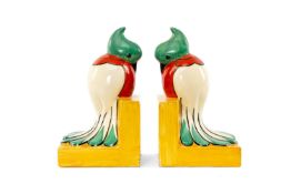 EXTREMELY RARE PAIR OF CLARICE CLIFF L'OISEAU FANTAIL BOOKENDS, Wilkinson pottery, marked to base '