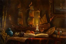 ANTHONY H. PAYTON (20th Century) oil on canvas - still life featuring a model galleon, a book, fruit
