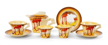 CLARICE CLIFF 'CORAL FIRS' PATTERN TEA FOR TWO SET, Wilkinson pottery, comprising teapot, milk