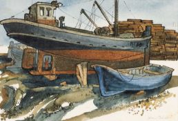 ‡ JOHN CLEAL (1929-2007) watercolour and ink - two fishing boats in dry dock, signed in pencil, 16 x