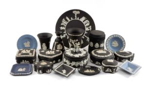 ASSORTED WEDGWOOD JASPERWARE, predominantly black and white jasper, boxes, vases, jars, etc.,