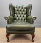 ANTIQUE GREEN LEATHER VICTORIAN STYLE WINGBACK ARMCHAIR, 95 (h) x 81cms (w) Provenance: consigned
