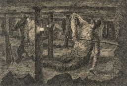 ‡ GEORGE BISSILL (1896-1973) pen and ink - three coal miners working underground, unsigned, 17 x
