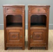 PAIR CONTINENTAL MARBLE TOP BEDSIDE CABINETS, carved oak and reeded frames, 84 (h) x 40cms (sq.)