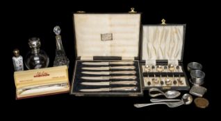 ASSORTED SILVER & COLLECTABLES, including boxed set of silver handled fruit knives, boxed set of