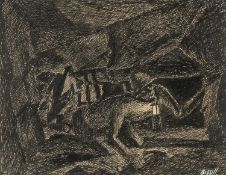 ‡ GEORGE BISSILL (1896-1973) pen and ink - coal miners with lanterns working underground, signed, 14