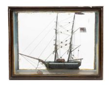 SCRATCH BUILT CASED SHIP, naively modelled two-masted tall ship flying Union flag, white ensign