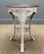 'THE GORDON' CAST IRON RAMS HEAD PUB/CONSERVATORY TABLE, oak table top, 73 (h) x 62cms (dia.)