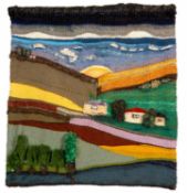CLAUDINE BROWN (1936-2019) large wall mounted tapestry - featuring houses, trees, and rising