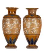 PAIR DOULTON LAMBETH STONEWARE VASES, enamelled with impressed lace and flower decoration on a