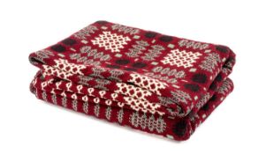 VINTAGE TRADITIONAL WELSH WOOLEN BLANKET with deep red, black and white geometric design, no fringe,