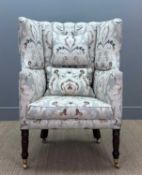 GEORGE III STYLE BARREL BACK ARMCHAIR, reeded tub back, floral cloth upholstery, turned front legs
