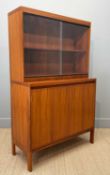 MID-CENTURY STYLE SOLID TEAK CABINET, upper section with glass sliding doors & adjustable wooden