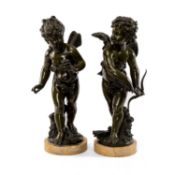 PAIR FRENCH BRONZE FIGURES OF CUPID & PSYCHE, as cherubs with bird and insect wings respectively, he