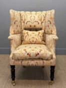 GEORGE III STYLE BARREL BACK ARMCHAIR, reeded tub back, floral cloth upholstery, turned front legs