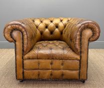 19TH C. STYLE CHESTERFIELD ARMCHAIR, tan leather, double button border, 74 (h) x 105 (w) x 95cms (d)
