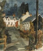 ‡ JOHN CLEAL (1929-2007) watercolour and ink - street scene, road with terrace houses, signed, 19