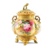 ROYAL WORCESTER POTPOURRI VASE & COVER, rare shape no. H241, decorated with a full blown roses to