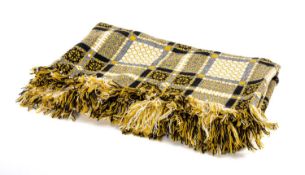 VINTAGE TRADITIONAL WELSH WOOLEN BLANKET with yellow, black and white geometric design, with