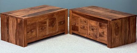 PAIR OF EASTERN HARDWOOD LOW FOUR-DRAWER CHESTS, 40 (h) x 90 (w) x 51cms (d) Provenance: private