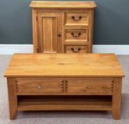 MODERN LIGHT OAK FOUR DRAWER COFFEE TABLE (two drawers each side), having base shelf, 48 (h) x