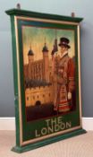 'THE LONDON' PAINTED WOODEN HANGING PUB SIGN, depicting beefeater outside Tower of London, double