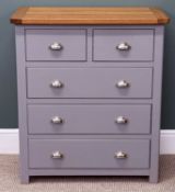 MODERN PAINTED CHEST of two over three long drawers, having a light oak top, cup handles, 92 (h) x