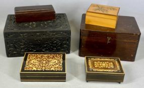 VARIOUS BOXES, including two marquetry inlaid musical boxes, blind fret carved ebonised box, oak box