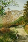‡ TINA HOLLEY watercolour - entitled 'Autumn Walk', with gallery labels, 39.5 x 26.5cms