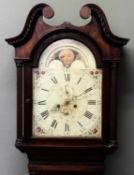 GEORGE III MAHOGANY LONGCASE CLOCK, hood with scrolled swan neck pediment, reeded baluster columns