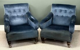 PAIR OF 19TH CENTURY LOUNGE CHAIRS, in the manner of Howard & Sons, blue Dralon button back