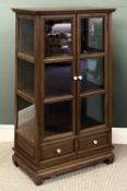 HARDWOOD DISPLAY CABINET, tapered form with glazed doors, shelf lined interior, two drawers to base,