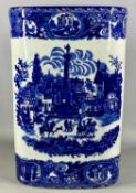 'VICTORIA WARE' BLUE & WHITE UMBRELLA STAND, oval form, decorated with townscape, 45cms (h)
