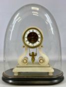 FRENCH ALABASTER MANTEL CLOCK, late 19th century, circular barrel dial with enamelled chapter