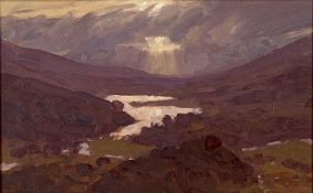 ‡ DAVID WOODFORD (b. 1938) oil on board - mountain landscape, 13 x 22cms Provenance: private