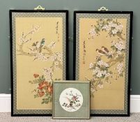 TWO RECTANGULAR CHINESE PANELS, painted with flowers and tree blossom, highlighted in gilt, 89.5 x