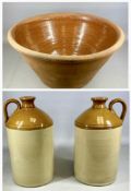 LARGE CIRCULAR TERRACOTTA RED CROCK, glazed interior, 27 (h) x 54cms (diam.); and two stoneware