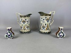 ART NOUVEAU TYPE STAFFORDSHIRE LUSTRE JUGS, NEAR PAIR, 22 and 20cms (h), and a pair of similarly