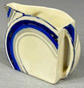 CLARICE CLIFF FANTASQUE BIZARRE CREAM JUG, blue banded decoration on cream ground, black printed