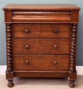 VICTORIAN MAHOGANY CHEST, four long drawers (3+1), turned knobs, bun feet and twist columns, 123 (h)